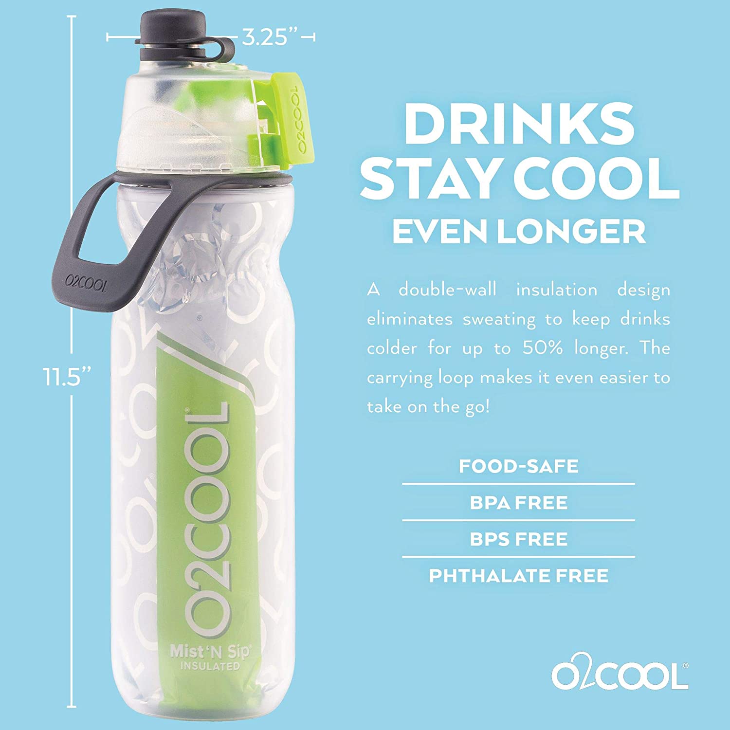 O2COOL Arctic Squeeze Sw Mist 'N Sip Insulated Water Bottle 20oz with Lock & Mount